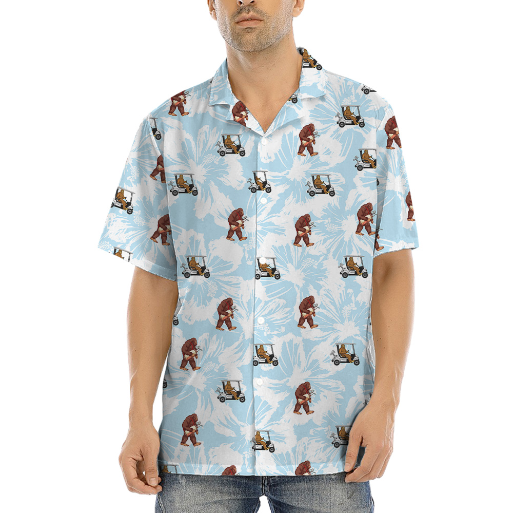 Sasquatch Playing Golf Blue Floral Hawaiian Shirt - variant image 1