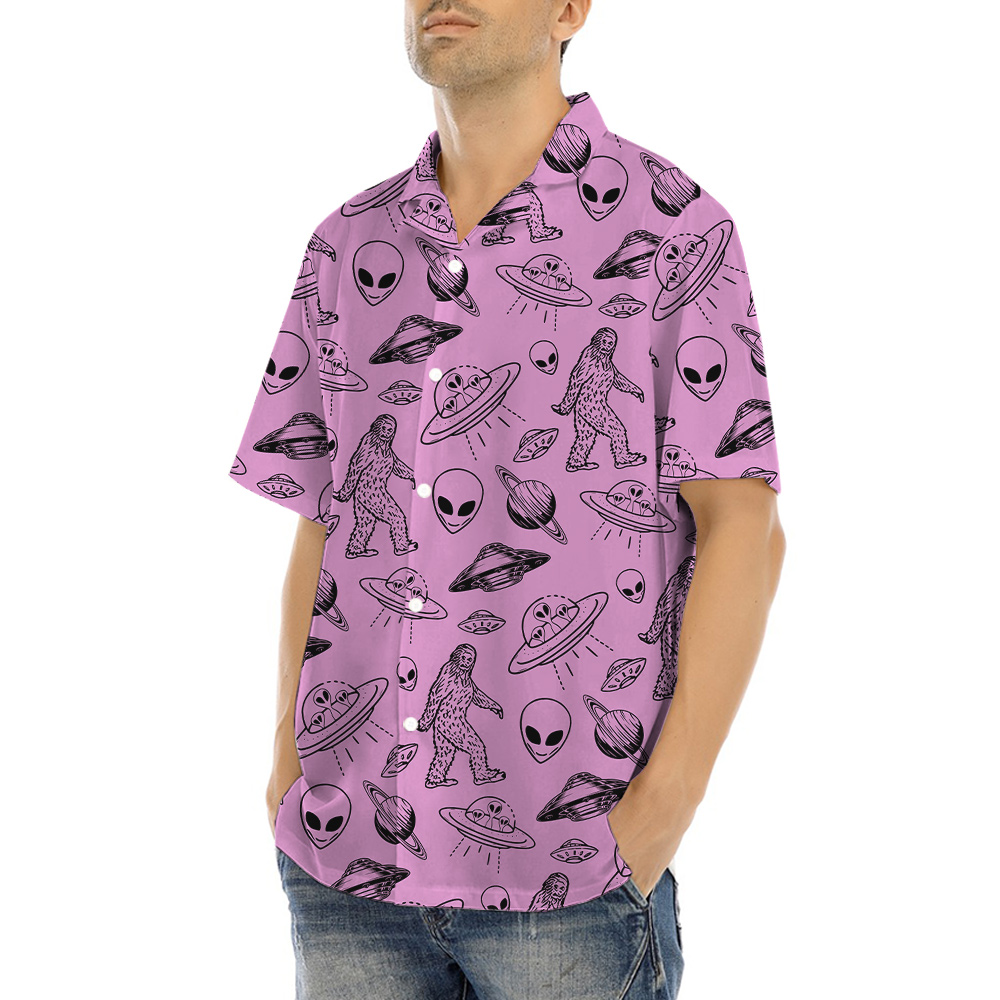 UFO Alien and Bigfoot Pink Hawaiian Shirt