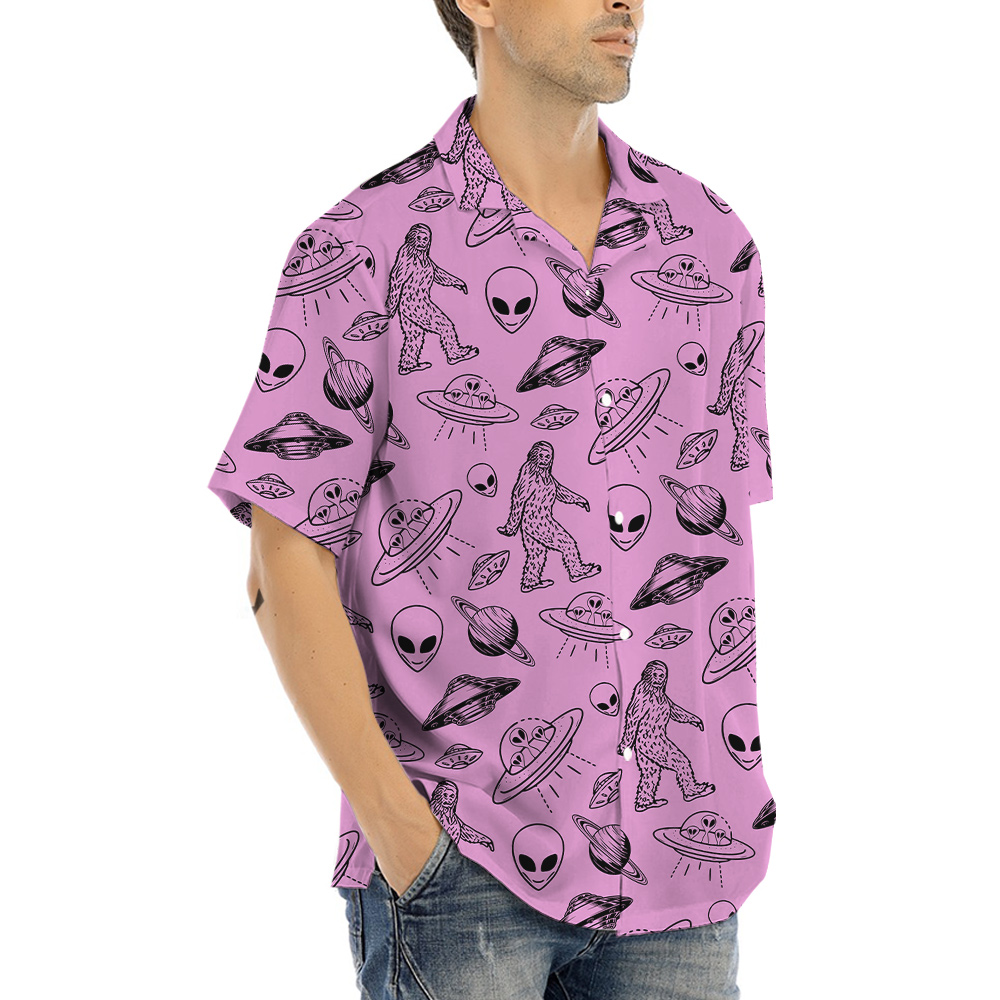 UFO Alien and Bigfoot Pink Hawaiian Shirt