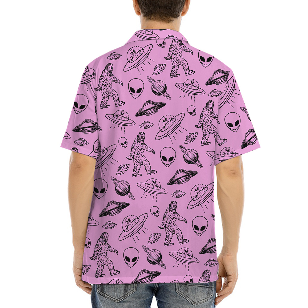 UFO Alien and Bigfoot Pink Hawaiian Shirt