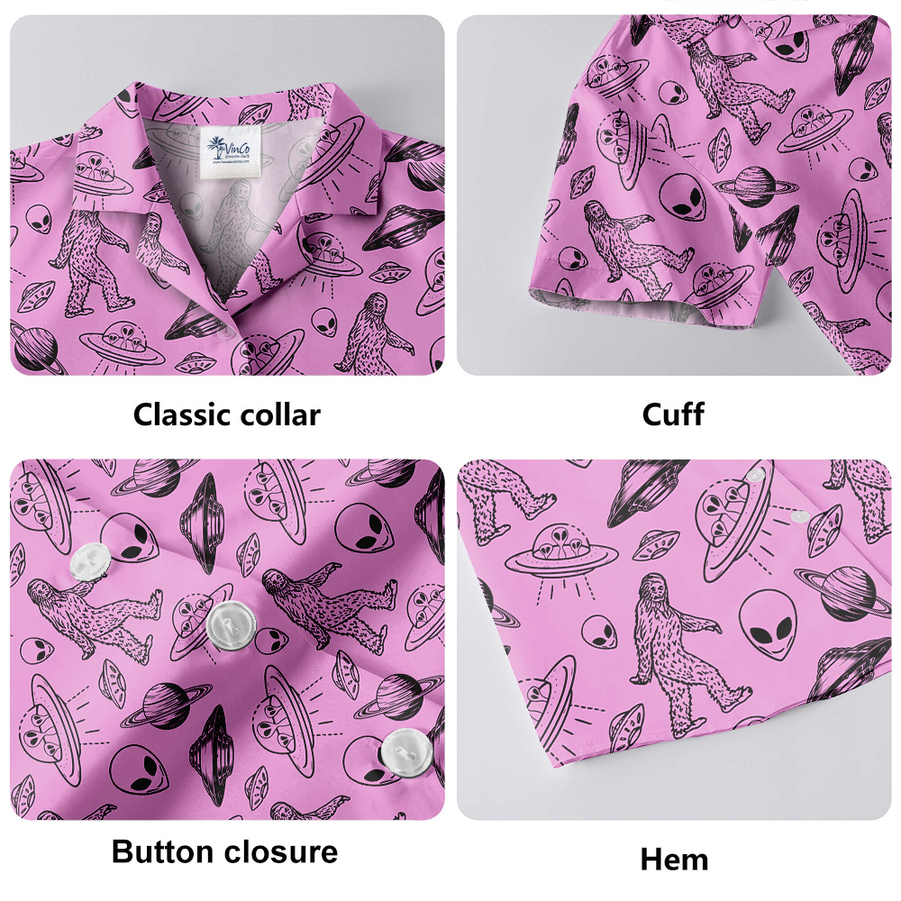 UFO Alien and Bigfoot Pink Hawaiian Shirt