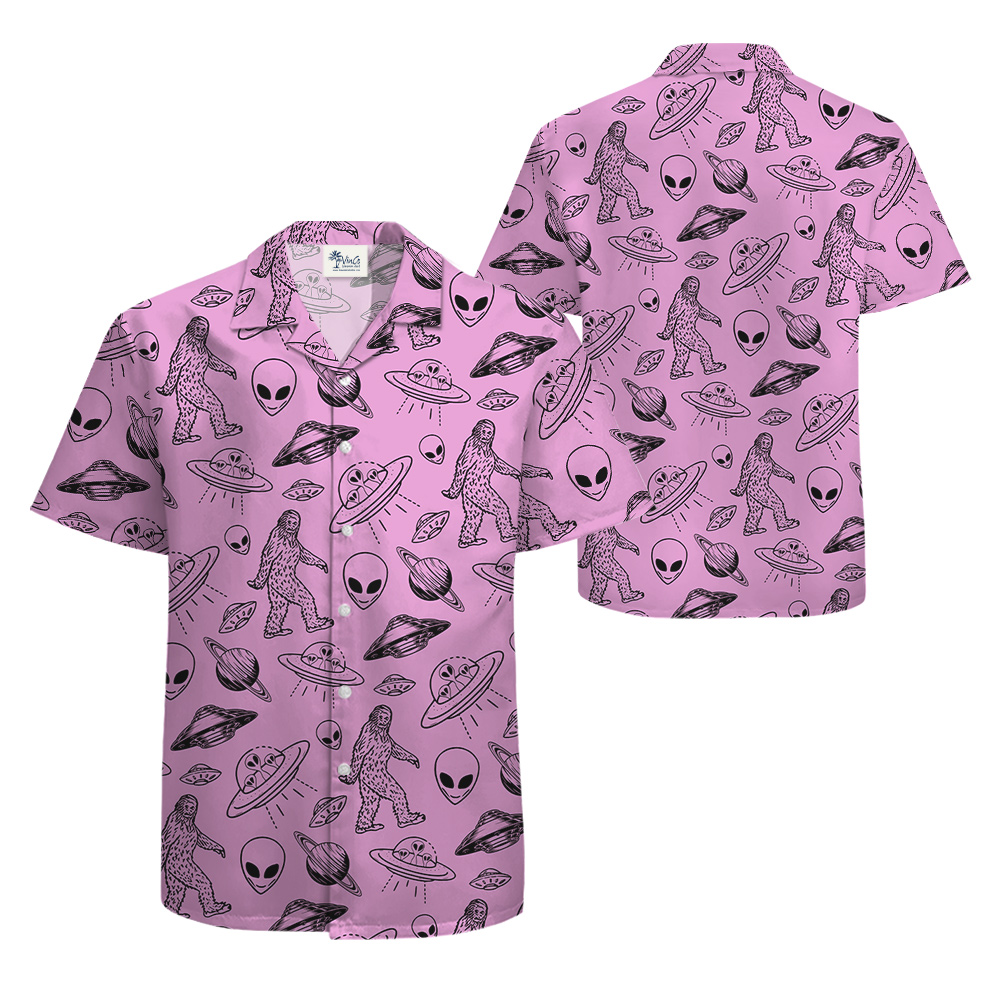UFO Alien and Bigfoot Pink Hawaiian Shirt