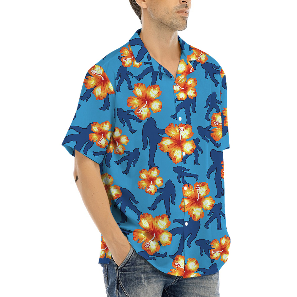 Funny Bigfoot On High Heels Blue Floral Hawaiian Shirt