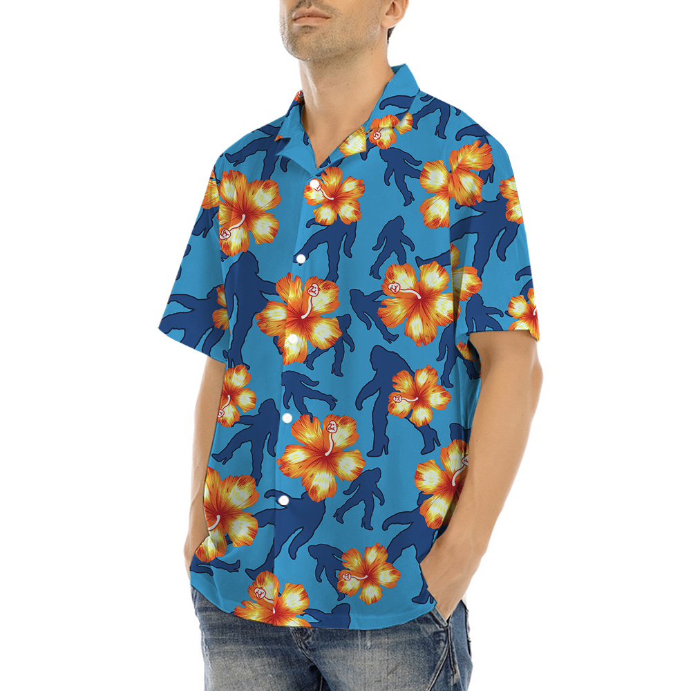 Funny Bigfoot On High Heels Blue Floral Hawaiian Shirt