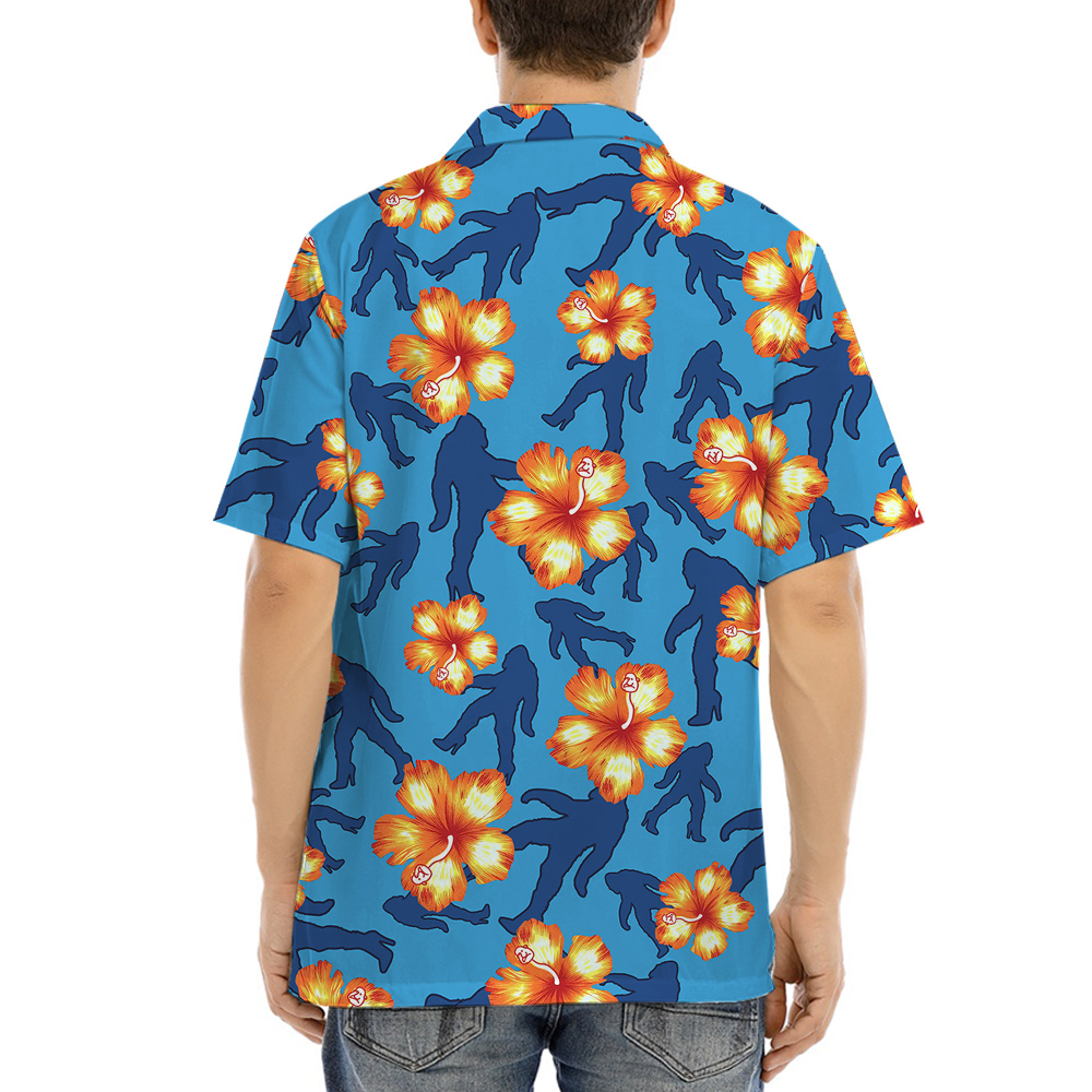 Funny Bigfoot On High Heels Blue Floral Hawaiian Shirt