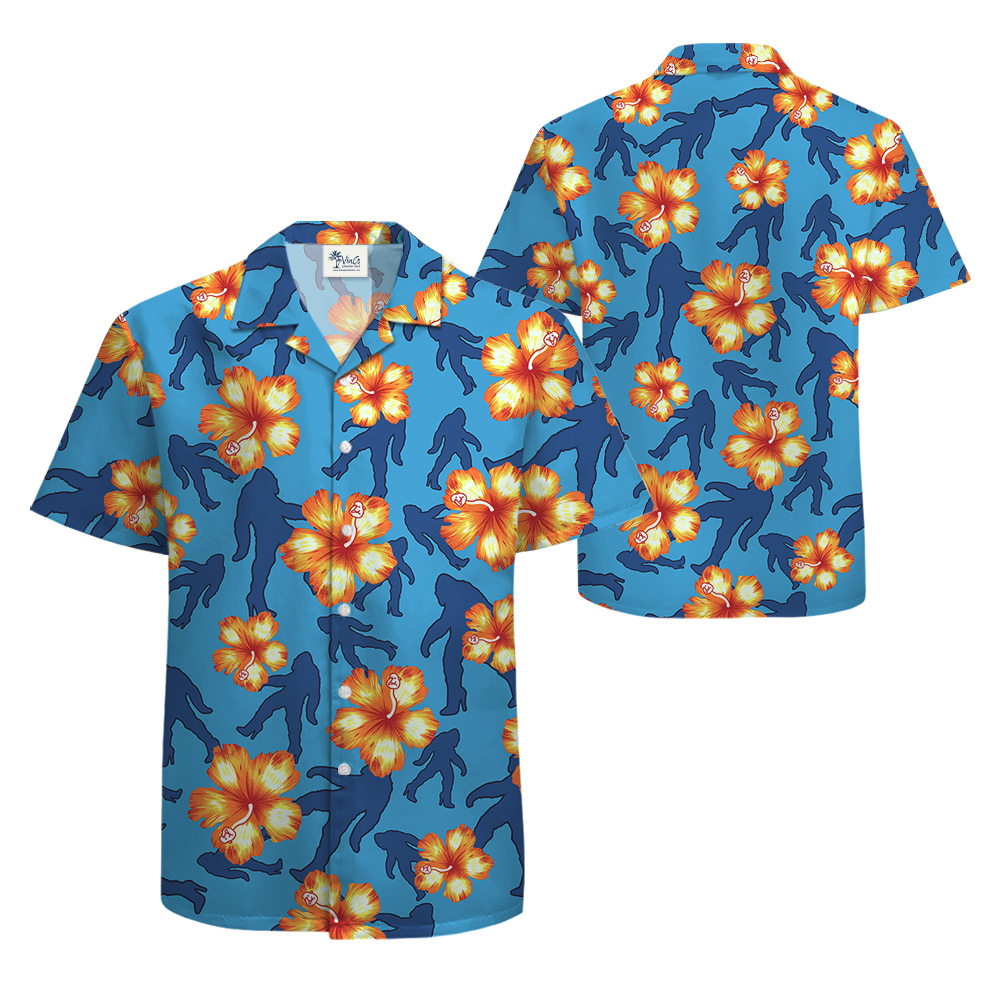 Funny Bigfoot On High Heels Blue Floral Hawaiian Shirt