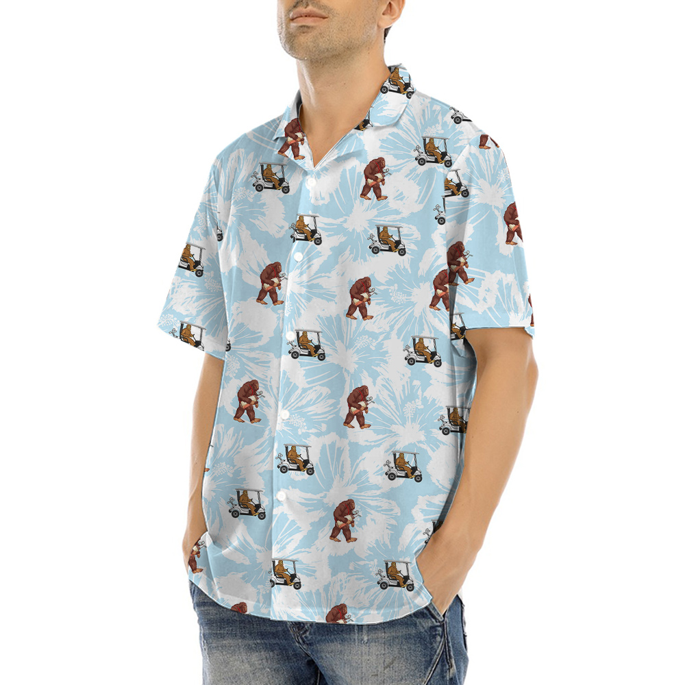 Sasquatch Playing Golf Blue Floral Hawaiian Shirt
