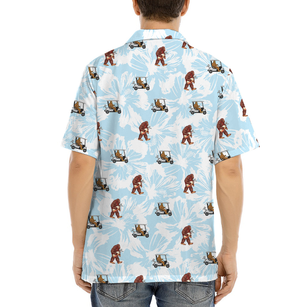 Sasquatch Playing Golf Blue Floral Hawaiian Shirt