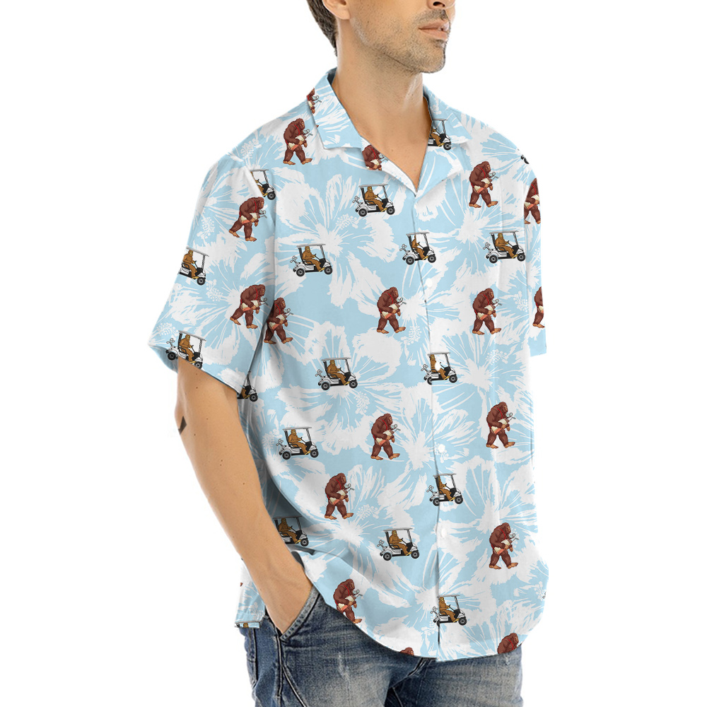 Sasquatch Playing Golf Blue Floral Hawaiian Shirt