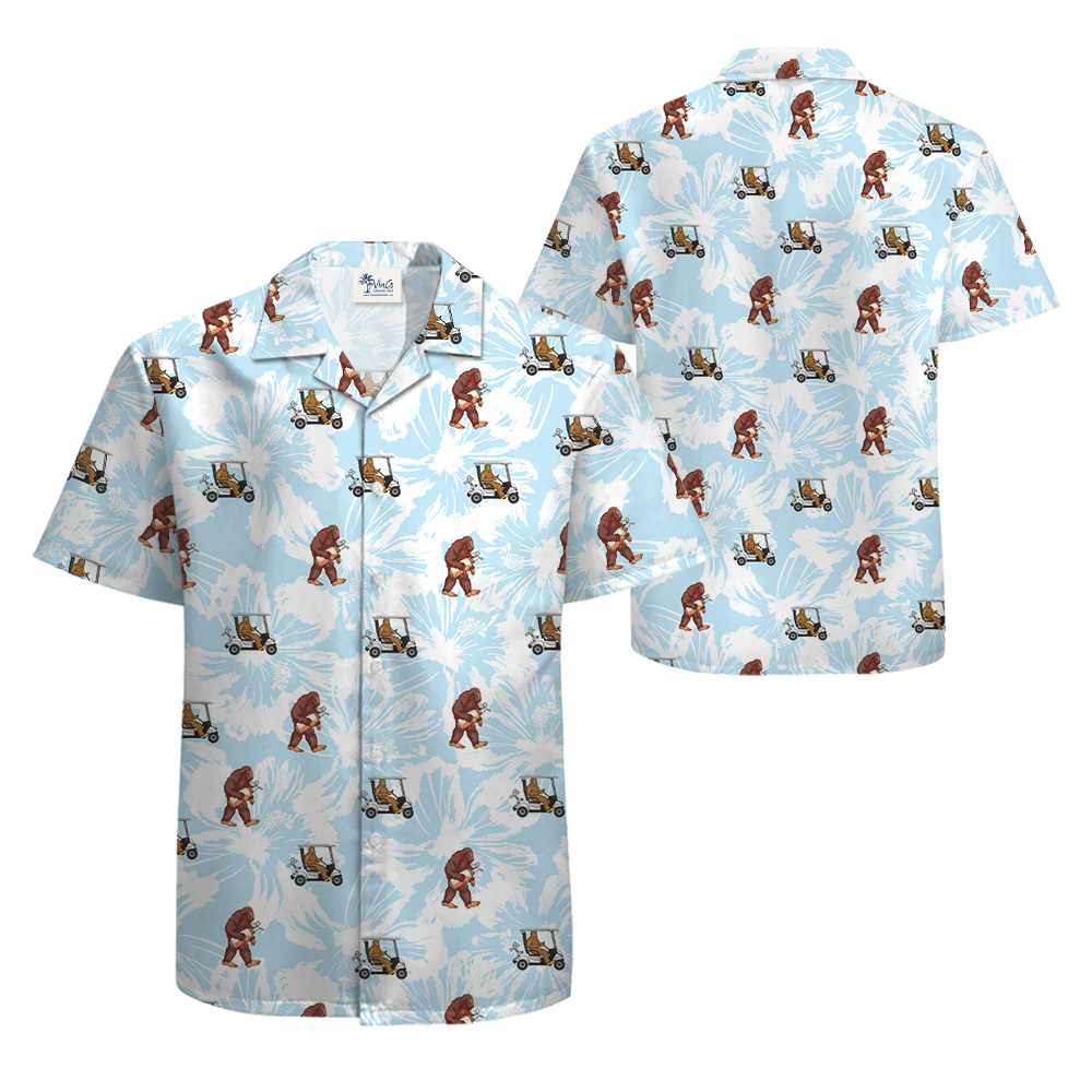Sasquatch Playing Golf Blue Floral Hawaiian Shirt