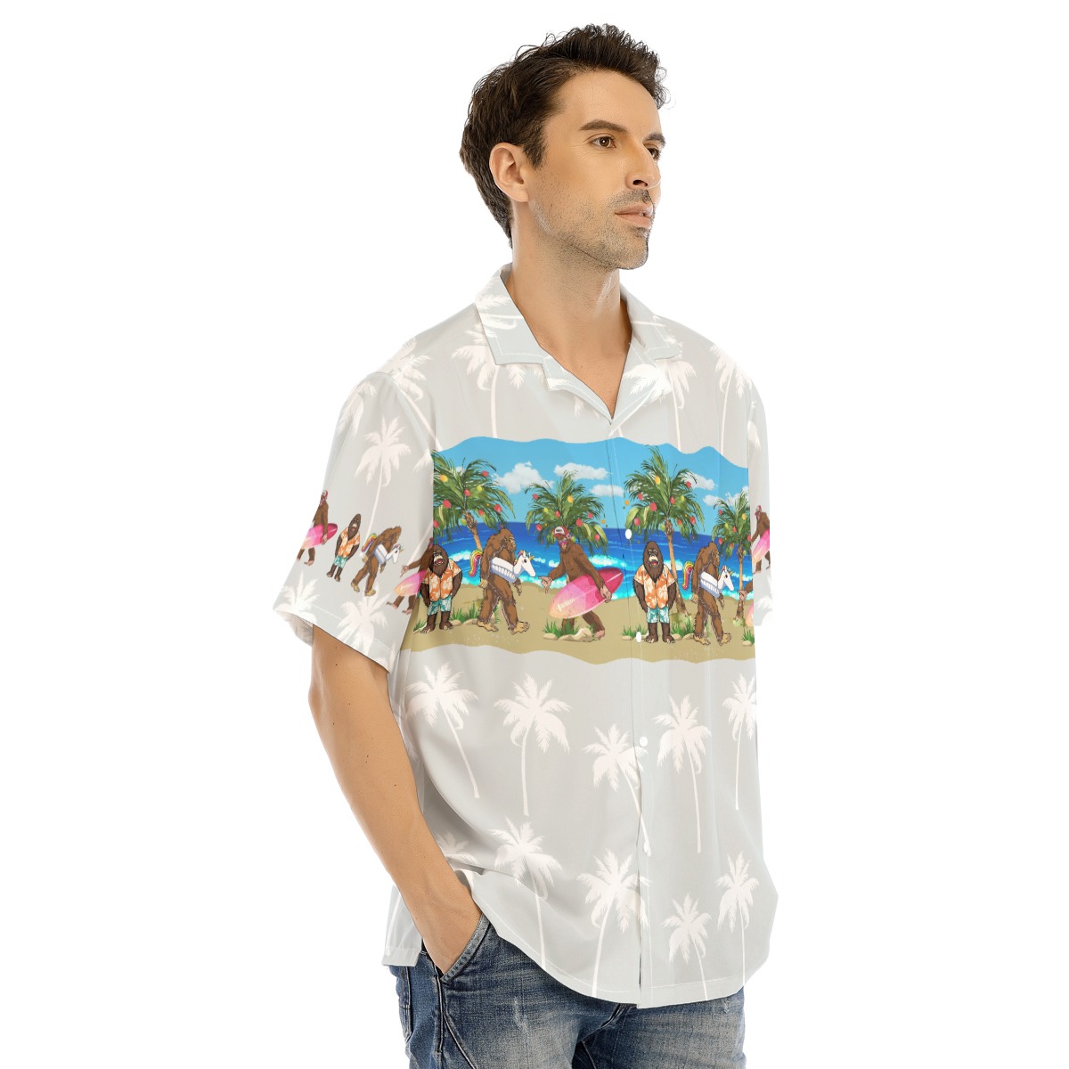 Summer Bigfoot Christmas Hawaiian Button Up Shirt