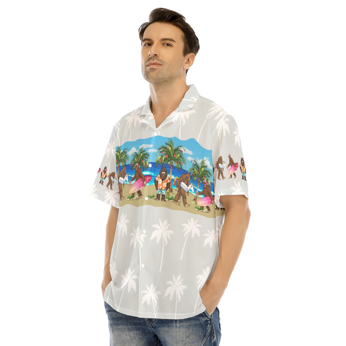 Summer Bigfoot Christmas Hawaiian Button Up Shirt