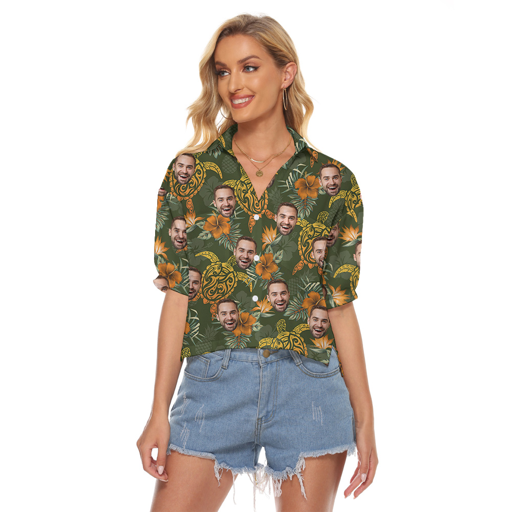 Bula Green Turtle Theme Women Cropped Shirt Custom 1-5 Faces - variant image 1