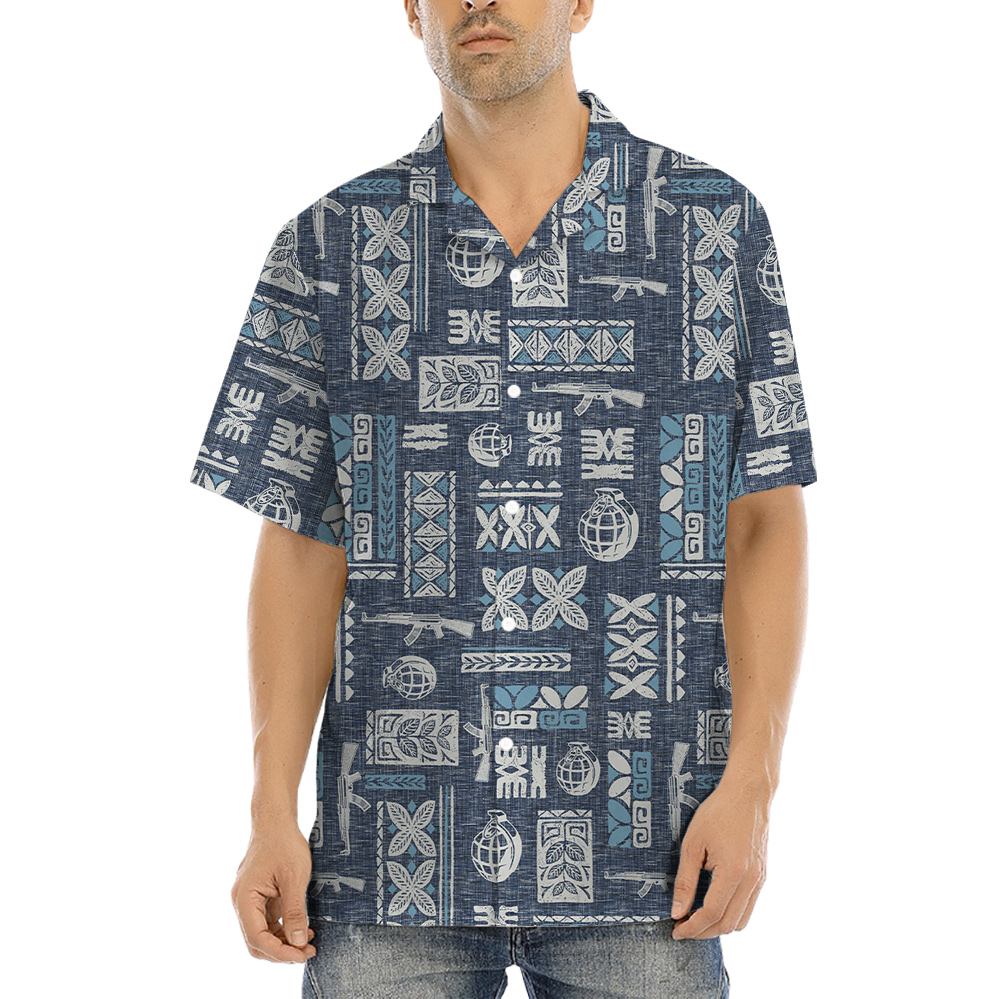 Vintage Tactical Gun And Grenade Navy Hawaiian Shirt - variant image 1