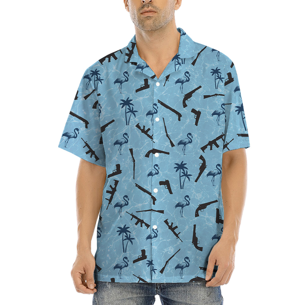 Flamingo Tactical Gun Blue Hawaiian Shirt - variant image 1