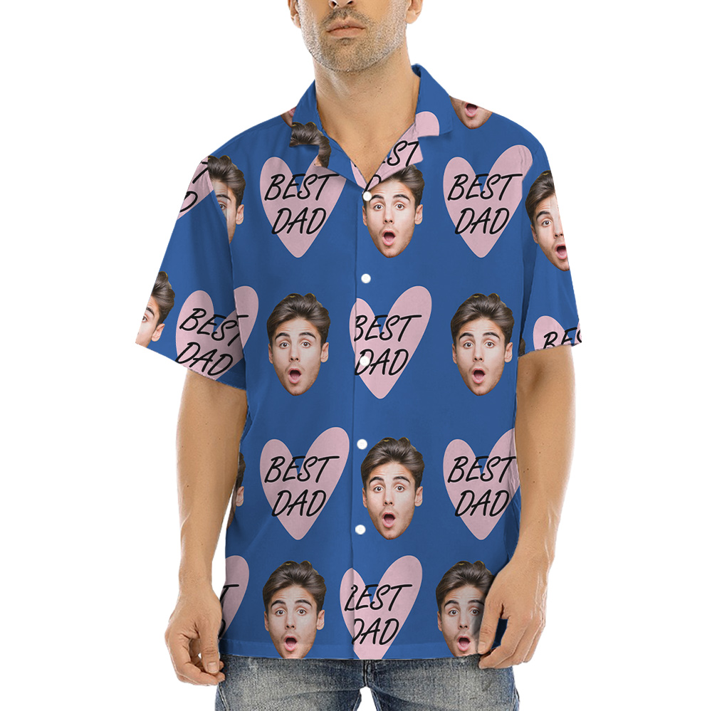 Funny Custom Dad's Face Blue Hawaiian Button Up Shirt - variant image 1