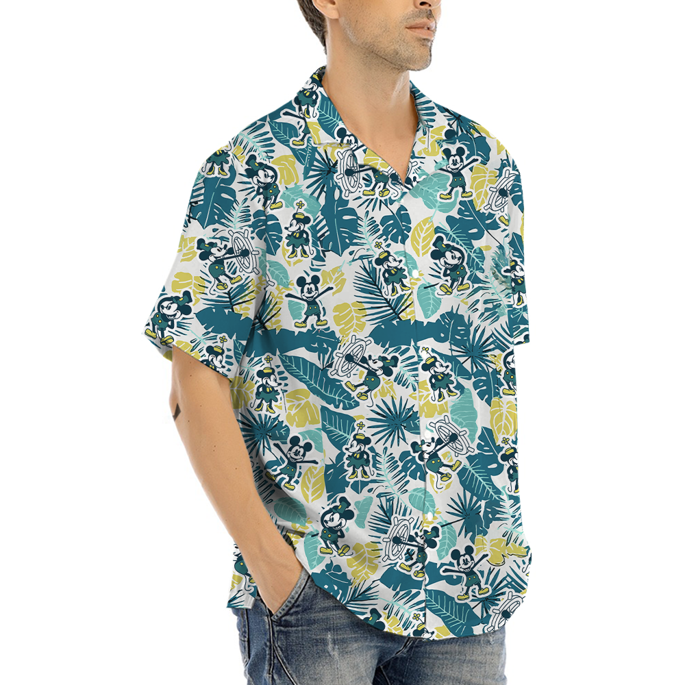 Steamboat Willie Mickey Tropical Green Aloha Shirt