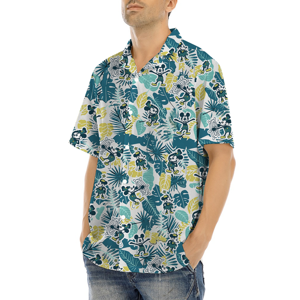 Steamboat Willie Mickey Tropical Green Aloha Shirt