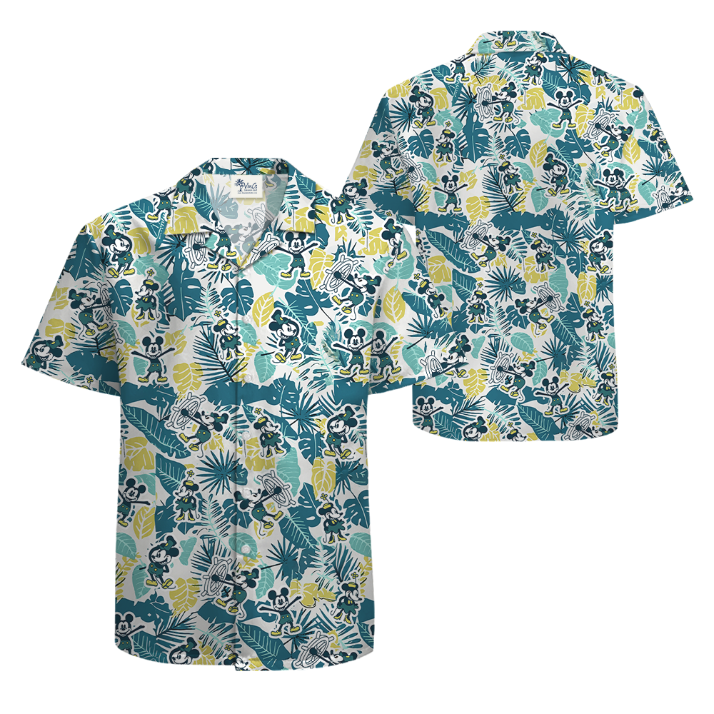 Steamboat Willie Mickey Tropical Green Aloha Shirt