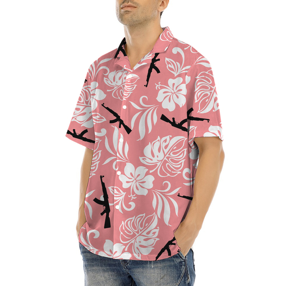 Vintage Tactical Gun Floral Pink Hawaiian Shirt