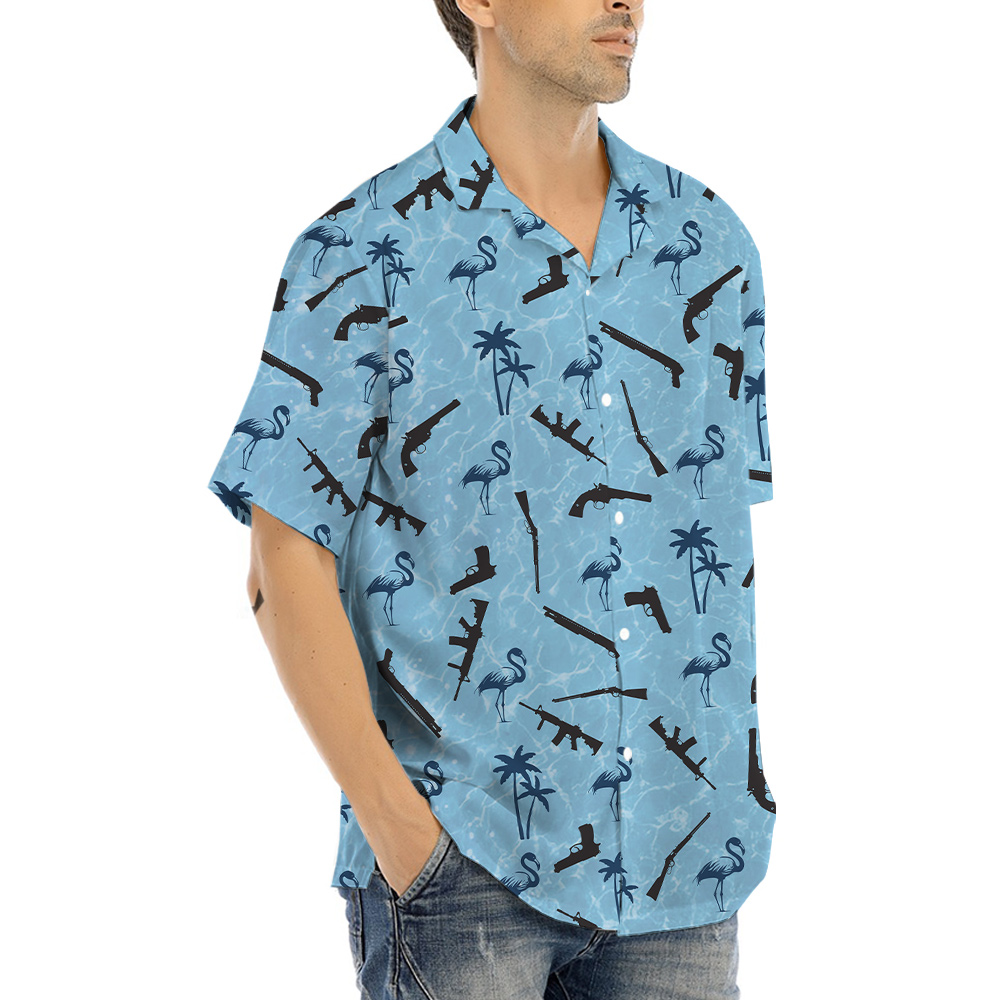 Flamingo Tactical Gun Blue Hawaiian Shirt