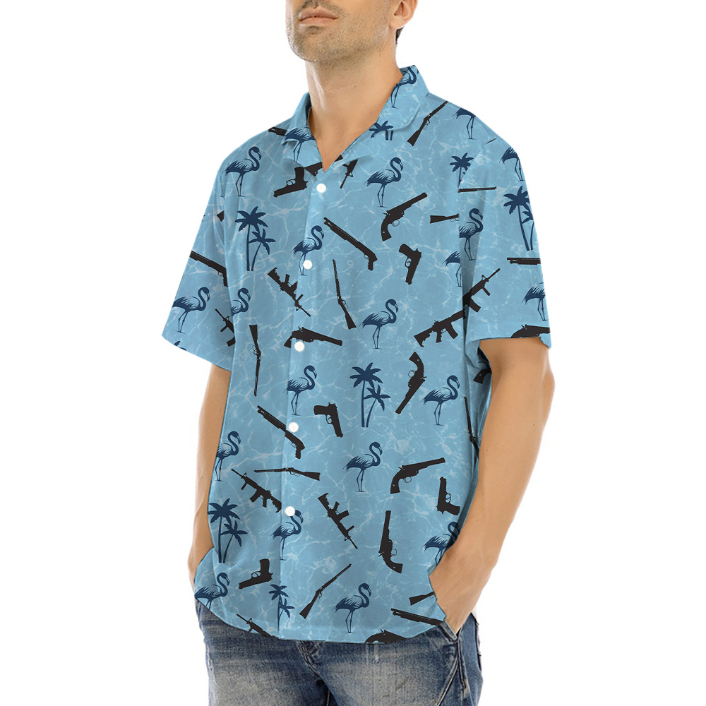 Flamingo Tactical Gun Blue Hawaiian Shirt