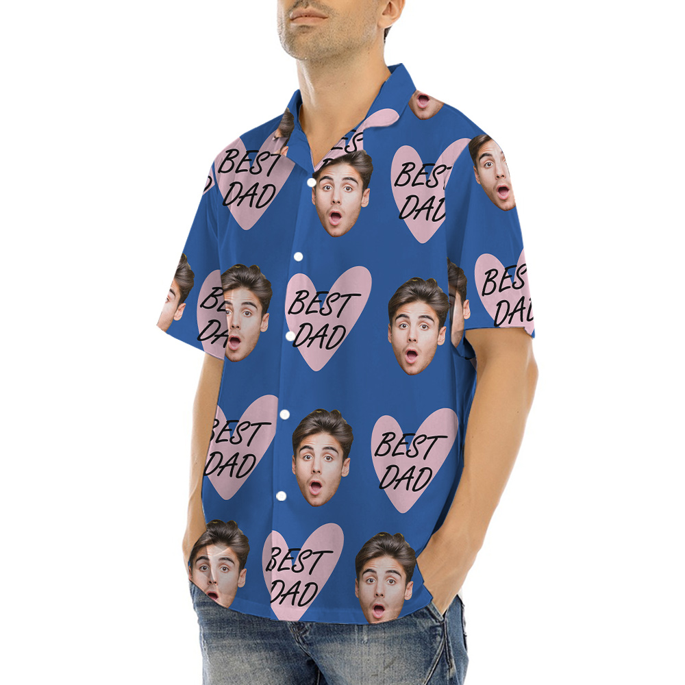 Funny Custom Dad's Face Blue Hawaiian Button Up Shirt