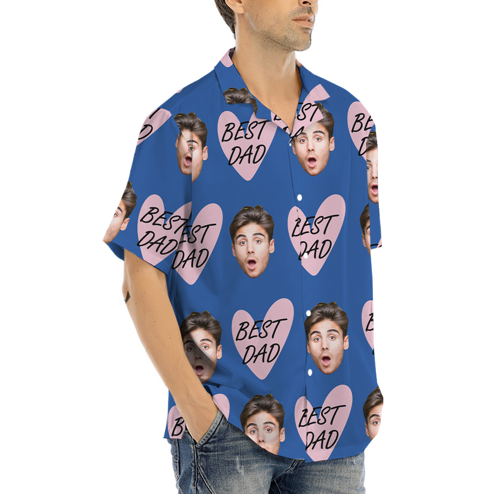Funny Custom Dad's Face Blue Hawaiian Button Up Shirt