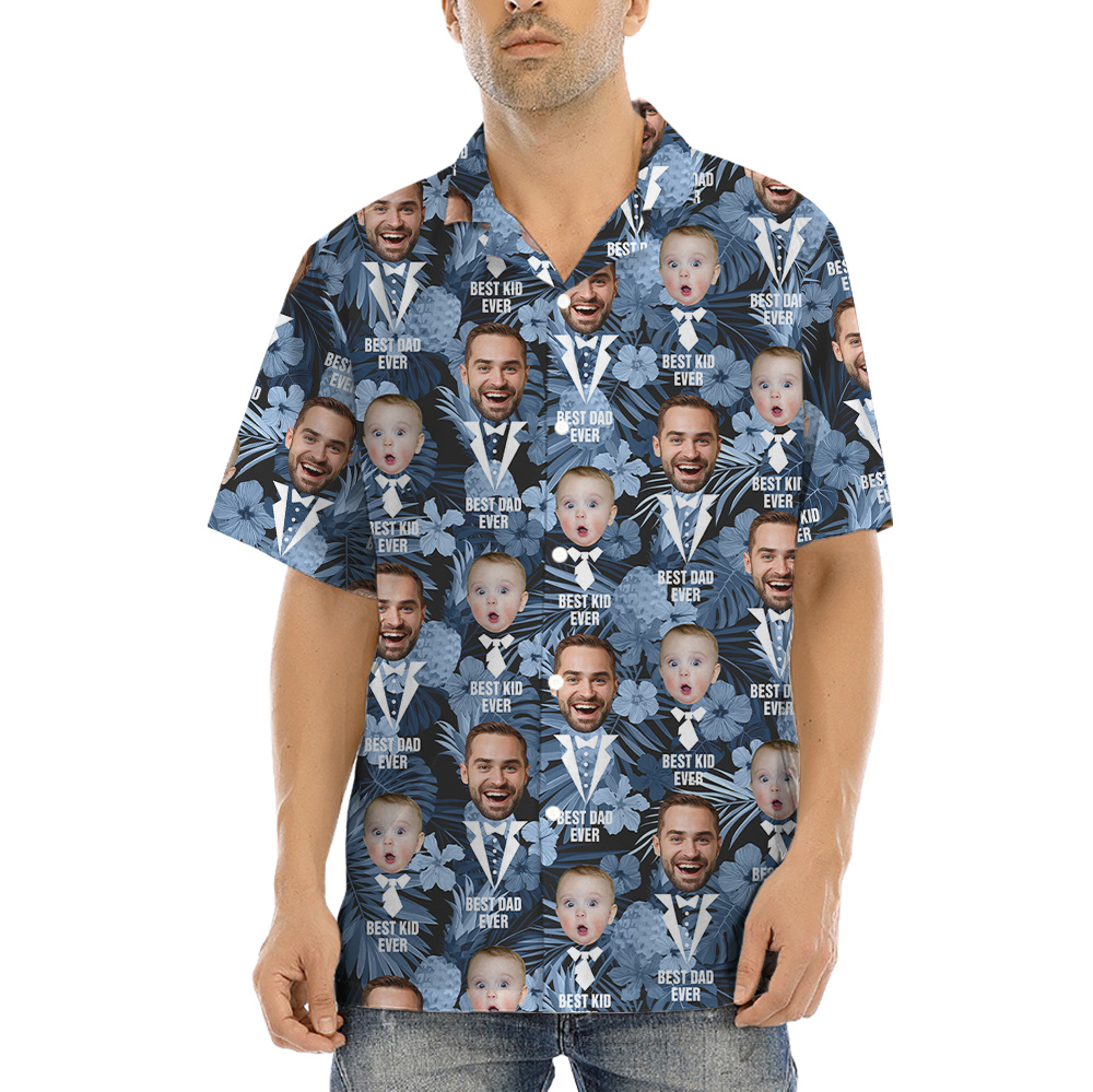 Best Dad Ever Custom Face Father And Kids Blue Hawaiian Shirt - variant image 1