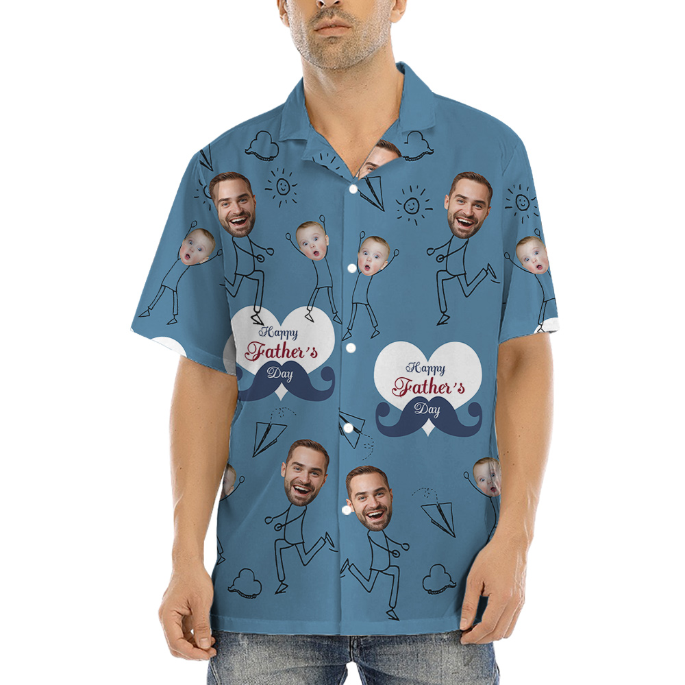 Happy Father's Day Custom Face Dad And Kids Navy Hawaiian Shirt - variant image 1