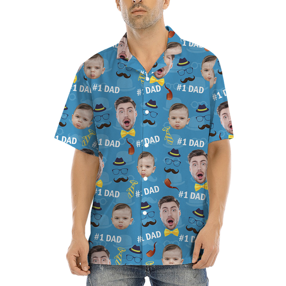 Top Dad Custom Face Father And Kids Blue Hawaiian Shirt - variant image 1