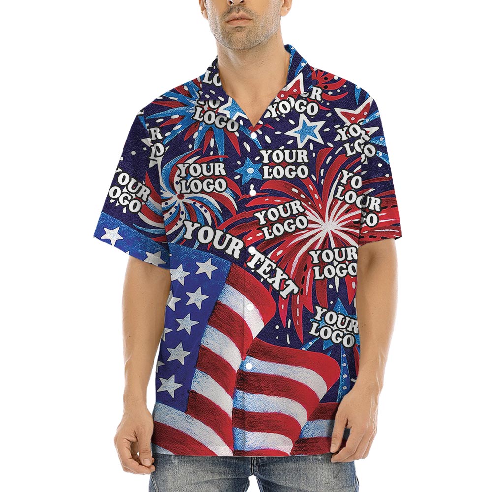 USA Flag With Firework Men's Hawaiian Shirt Custom Logo - variant image 1