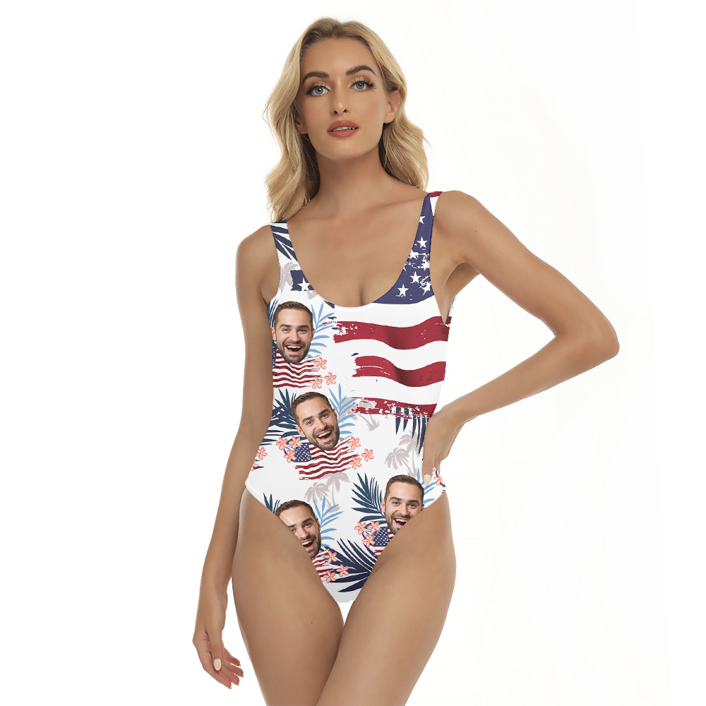 Custom American Flag Tropical Hawaiian Swimsuit With Face - variant image 1