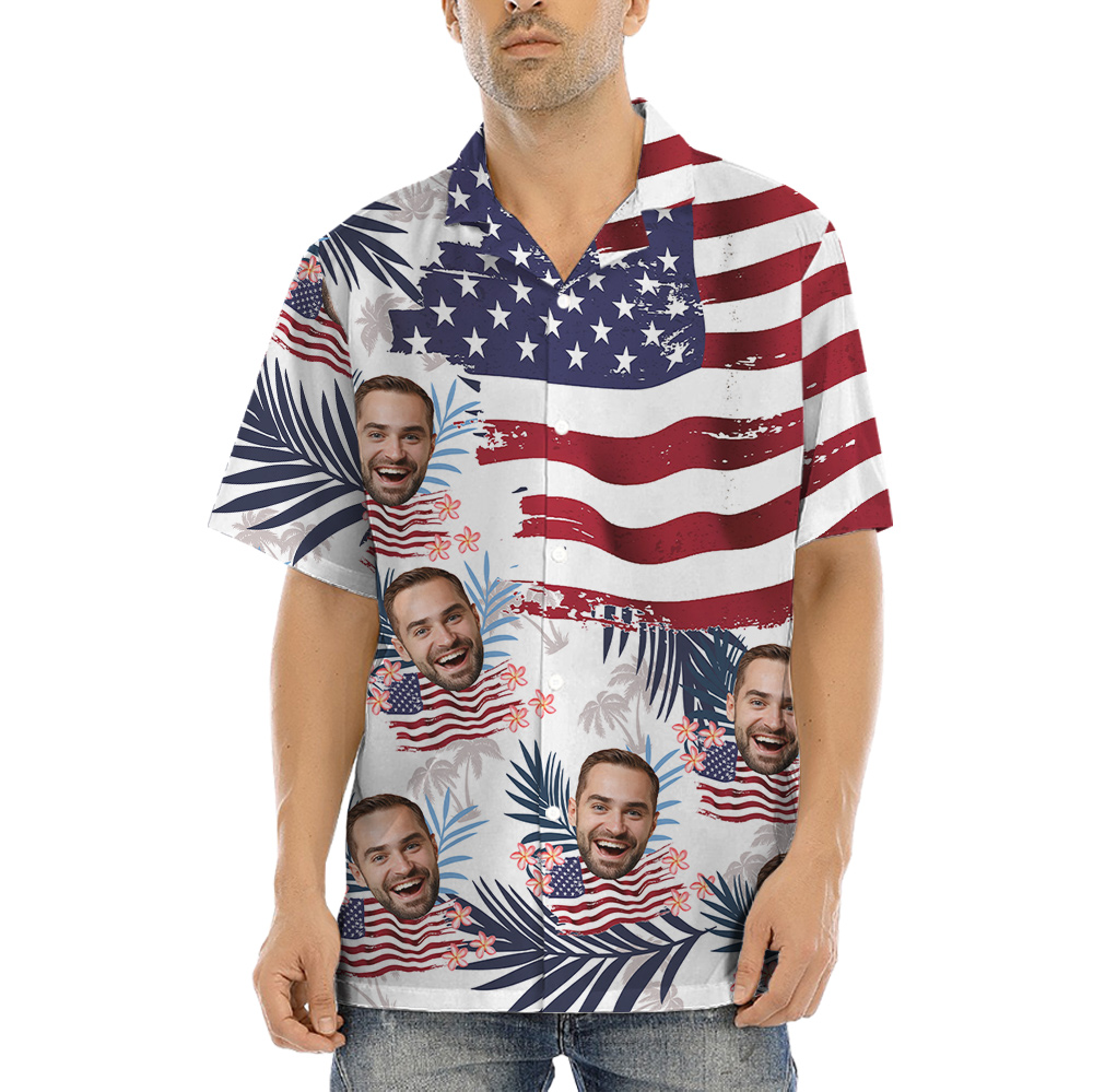 Custom Face American Flag Tropical Patriotic Hawaiian Men's Shirt - variant image 1