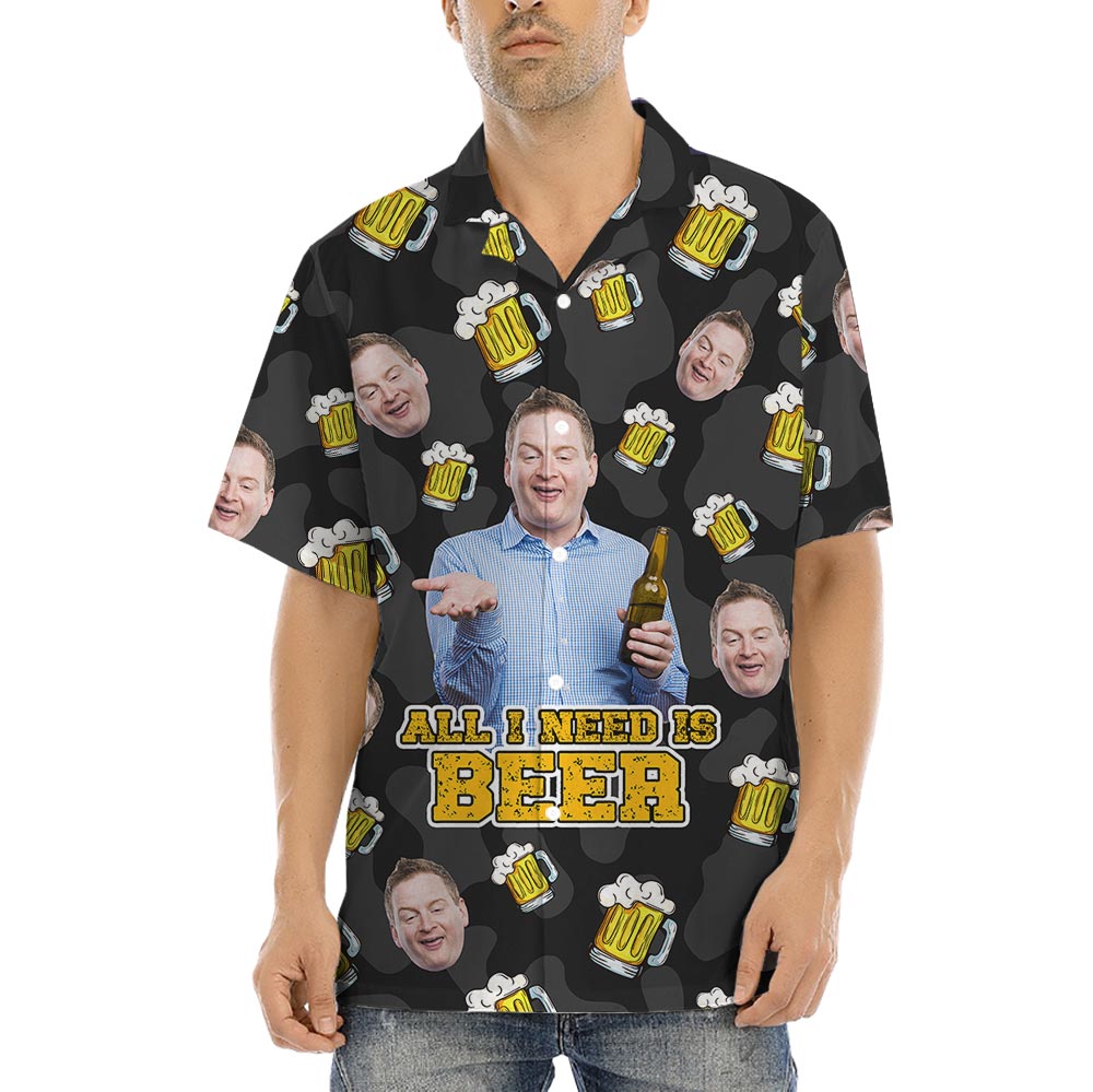 Funny All I Need Is Beer Custom Men's Hawaiian Shirt With Face - variant image 1