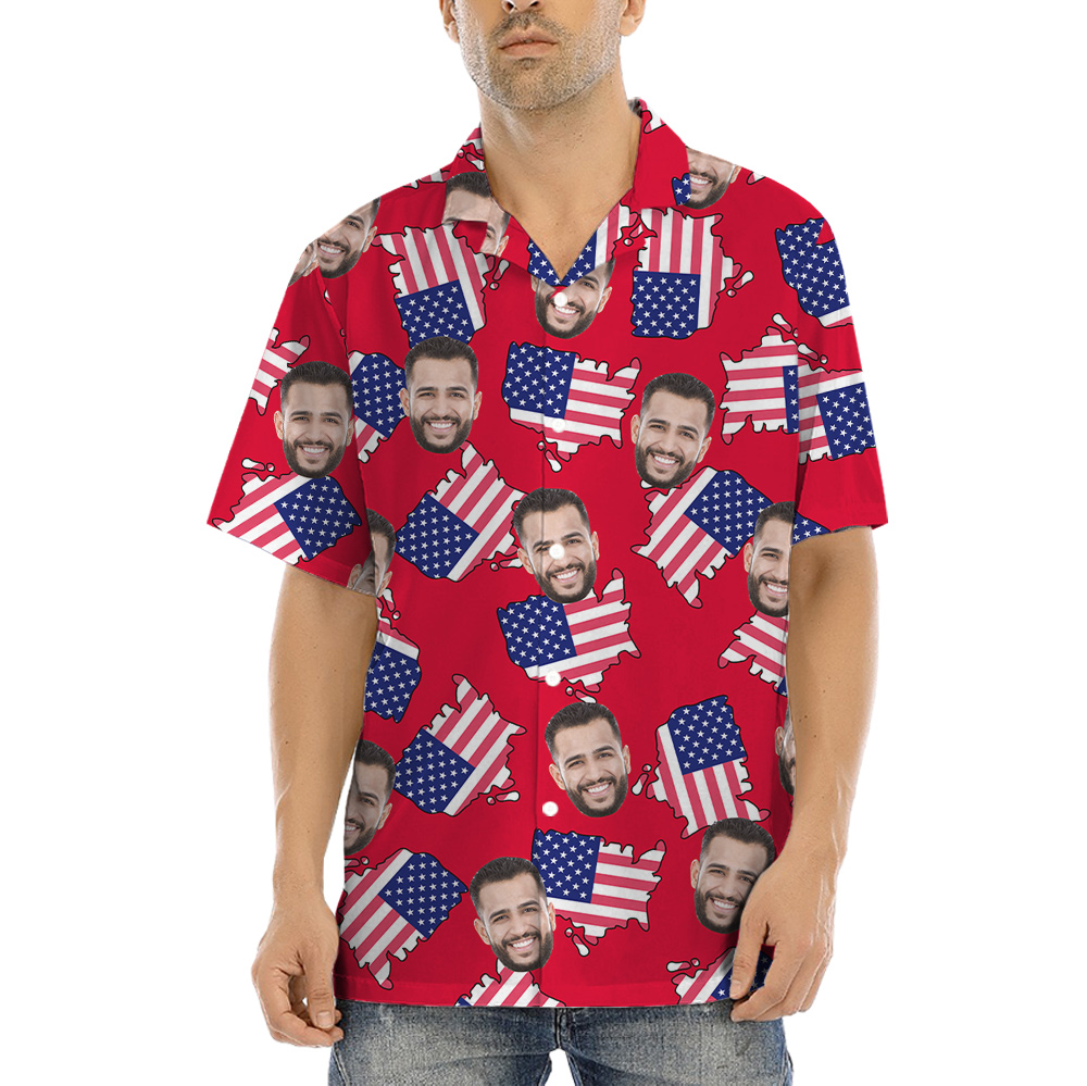 Custom Face Patriotic American Maps Red Aloha Shirt - variant image 1