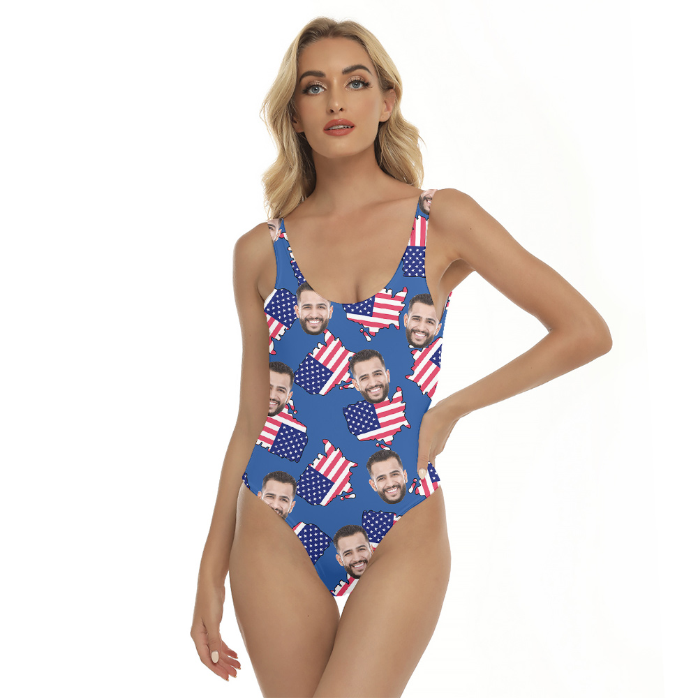 Custom Face 4th Of July American Maps Blue Hawaiian Swimsuit - variant image 1