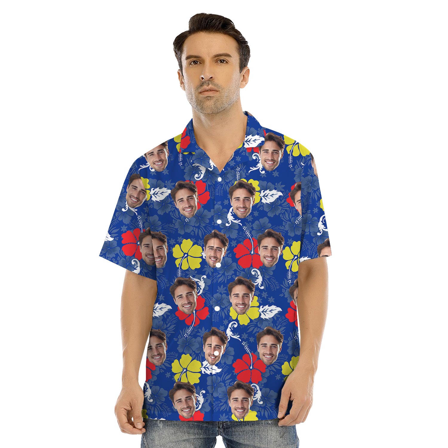 Blue Custom Family Aloha Wear With Multiple Faces