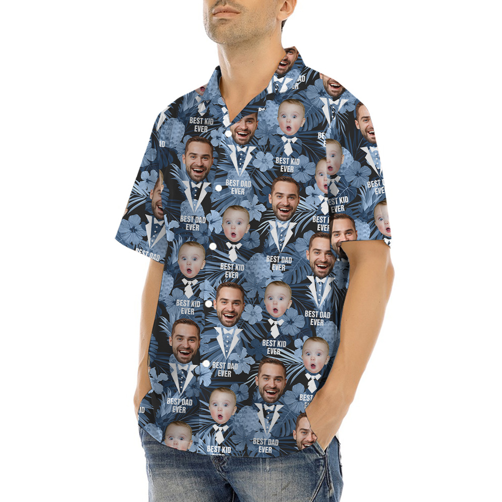 Best Dad Ever Custom Face Father And Kids Blue Hawaiian Shirt