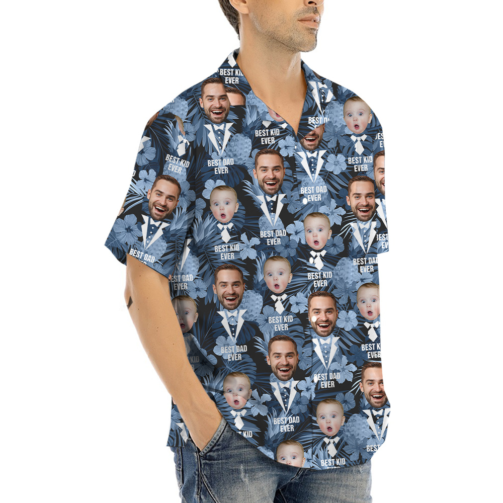 Best Dad Ever Custom Face Father And Kids Blue Hawaiian Shirt