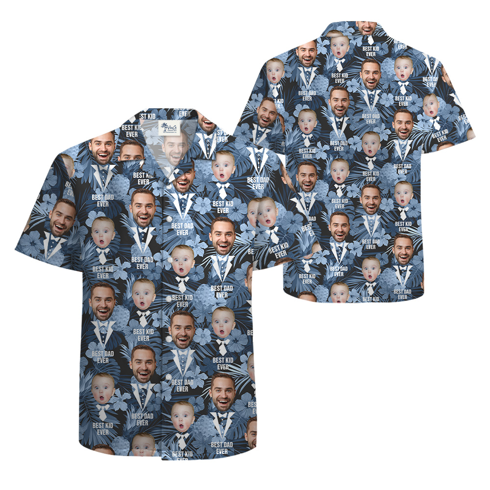 Best Dad Ever Custom Face Father And Kids Blue Hawaiian Shirt