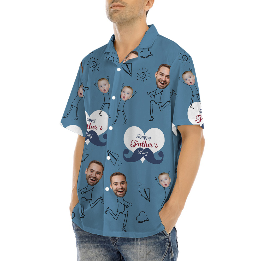 Happy Father's Day Custom Face Dad And Kids Navy Hawaiian Shirt