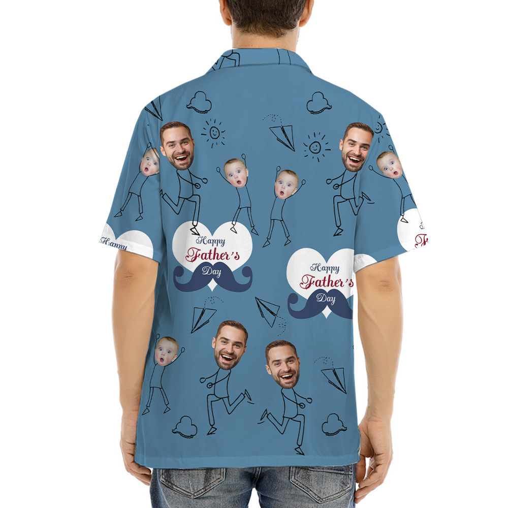 Happy Father's Day Custom Face Dad And Kids Navy Hawaiian Shirt