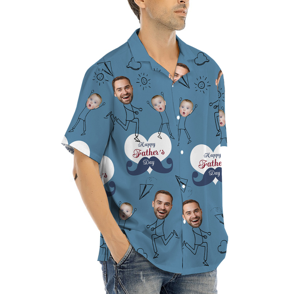 Happy Father's Day Custom Face Dad And Kids Navy Hawaiian Shirt