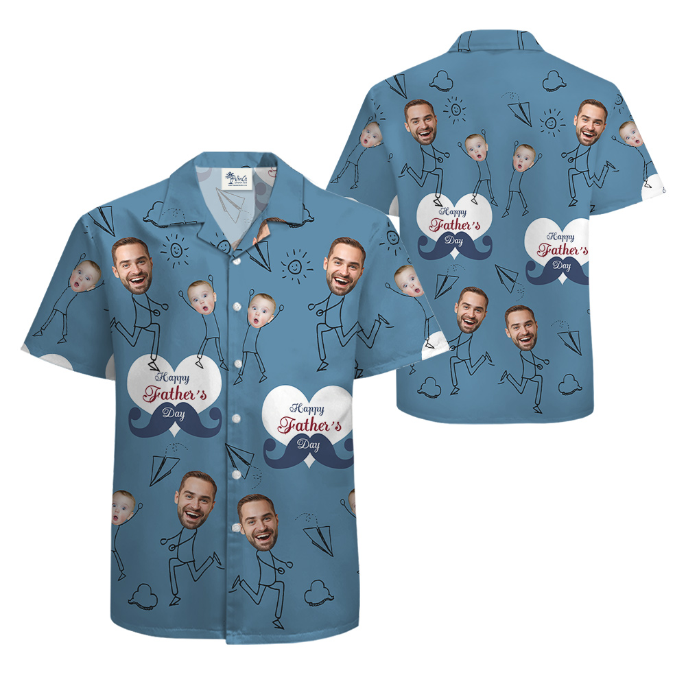 Happy Father's Day Custom Face Dad And Kids Navy Hawaiian Shirt