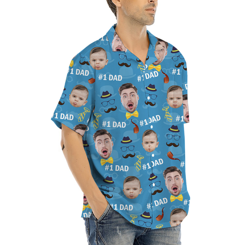 Top Dad Custom Face Father And Kids Blue Hawaiian Shirt