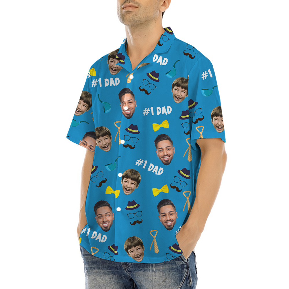 Number One Dad Custom Face Blue Hawaiian Shirt