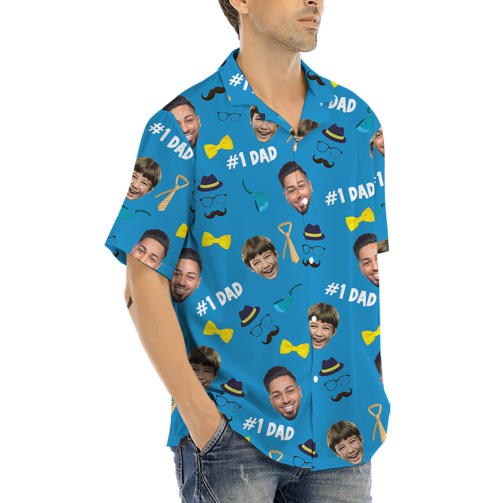 Number One Dad Custom Face Blue Hawaiian Shirt