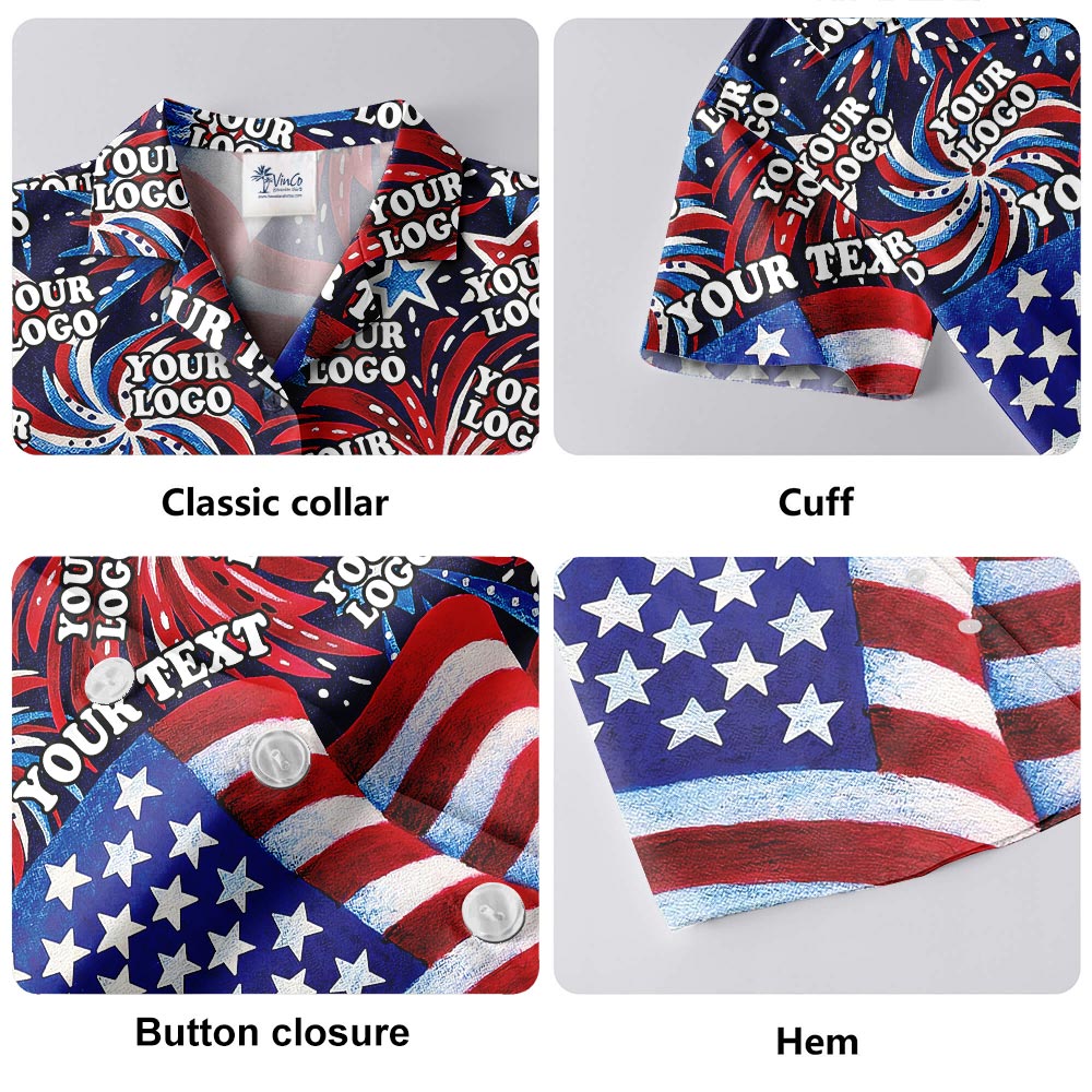 USA Flag With Firework Men's Hawaiian Shirt Custom Logo