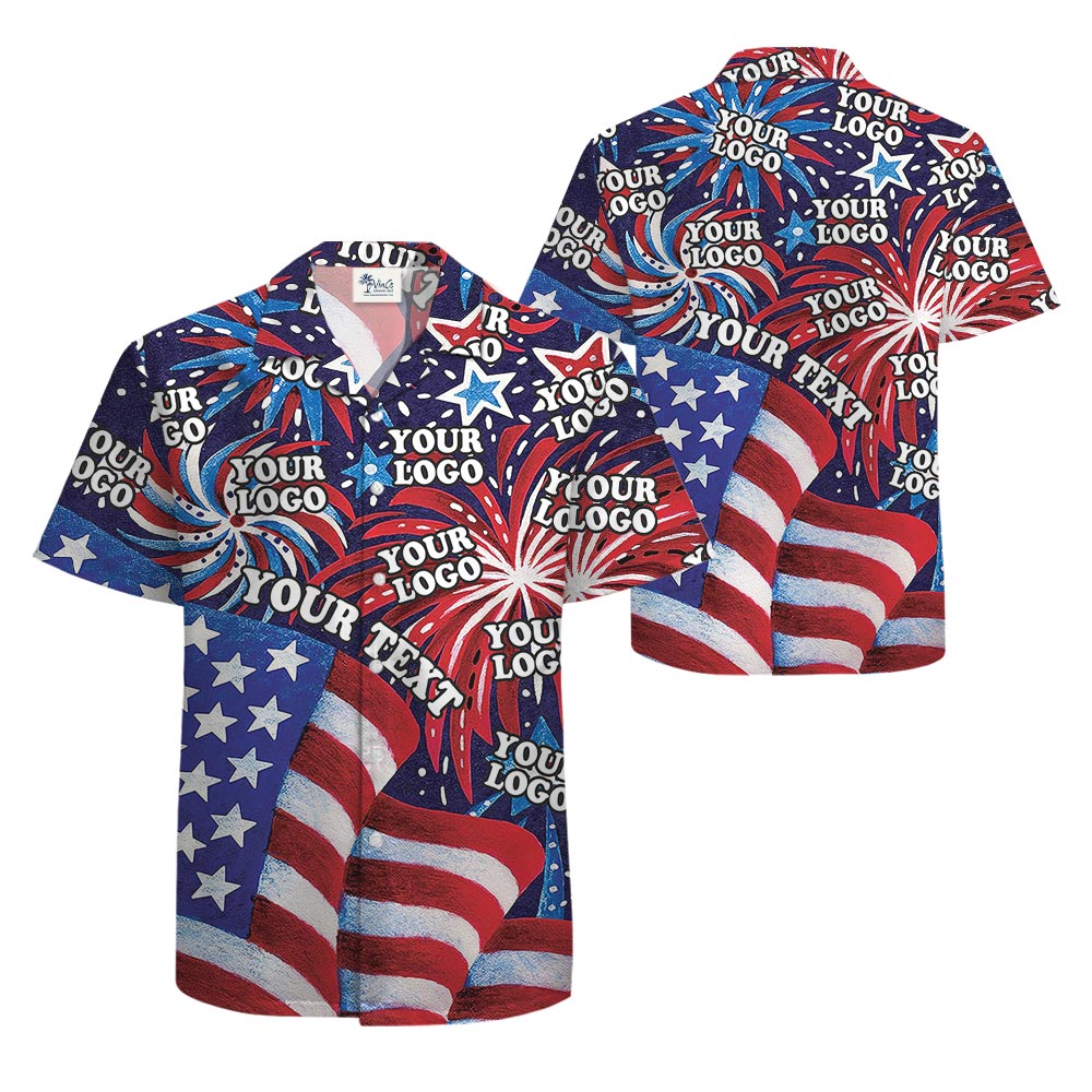 USA Flag With Firework Men's Hawaiian Shirt Custom Logo